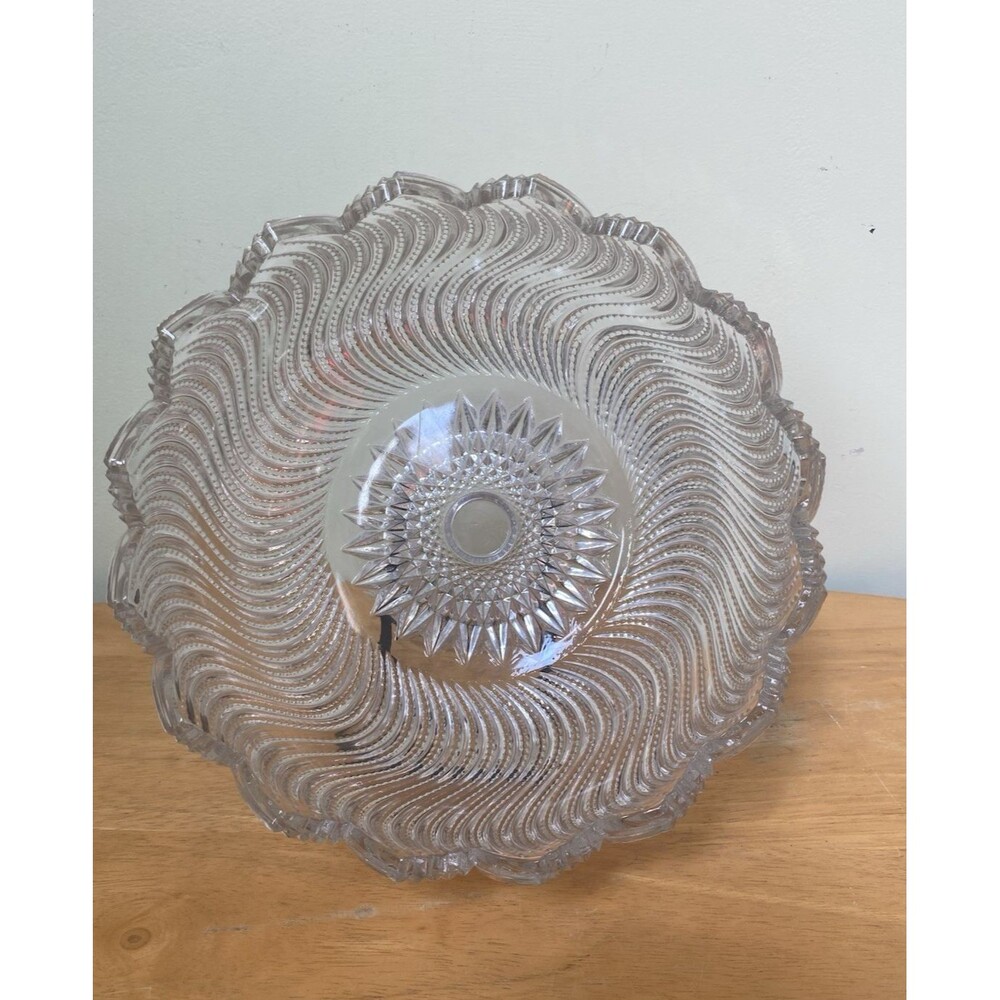 Vintage MCM Cut Glass Clear Swirl & Star Pattern 9" Serving Salad Bowl Elegant